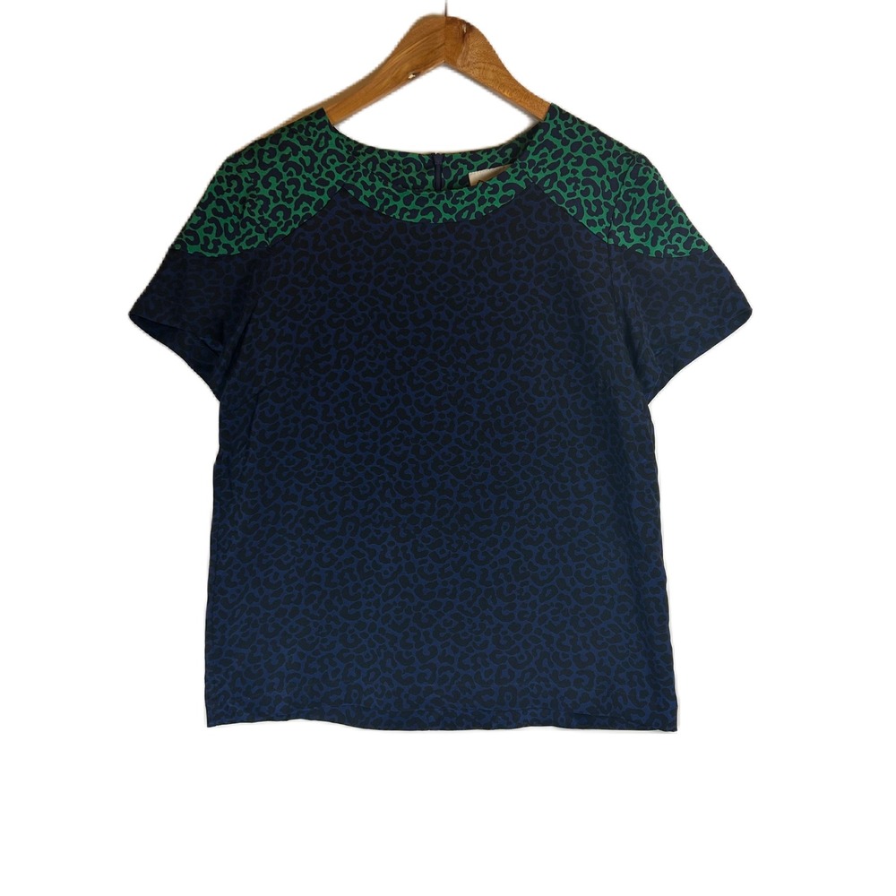 Sea New York Silk Leopard Print Blouse Navy Green Colorblock Top Size 4